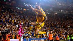 Tigres' French forward Andre Pierre Gignac celebrates after scoring against Pachuca during their Mexican Apertura tournament football match between Tigres And Pachuca at Universitario stadium in Monterrey, Mexico, on October 13, 2022. (Photo by Julio Cesar AGUILAR / AFP)