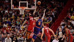 Jan 5, 2018; Miami, FL, USA; Miami Heat forward James Johnson (16) blocks a shot from New York Knicks forward Michael Beasley (8) during the second half at American Airlines Arena. Miami won 107-103 in overtime. Mandatory Credit: Steve Mitchell-USA TODAY Sports