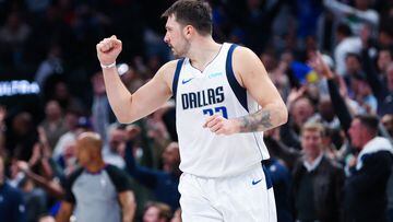 Nov 1, 2023; Dallas, Texas, USA;  Dallas Mavericks guard Luka Doncic (77) reacts during the second half against the Chicago Bulls at American Airlines Center. Mandatory Credit: Kevin Jairaj-USA TODAY Sports