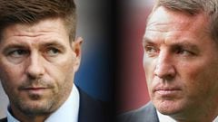 FILE PHOTO (EDITORS NOTE: COMPOSITE OF IMAGES - Image numbers 997192604,617346568- GRADIENT ADDED) In this composite image a comparison has been made between Steven Gerrard manager of Rangers (L) and Brendan Rogers, Manager of Celtic. Celtic and Rangers m