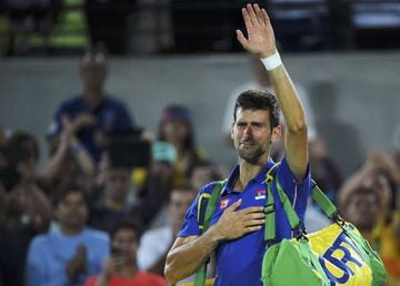 Novak Djokovic (SRB) of Serbia reacts after losing his match against Juan Martin Del Potro (ARG) of Argentina.