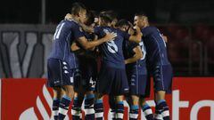 Argentina&#039;s Racing Club Joaquin Novillo (unseen) celebrates with teamamtes after scoring against Brazil&#039;s Sao Paulo during the Copa Libertadores football tournament group stage match at Morumbi Stadium in Sao Paulo, Brazil, on May 18, 2021. (Pho