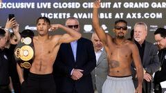 Las Vegas (United States), 21/04/2023.- David Morrell of the US (L) and Yamaguchi Falcao of Brazil react on stage following their weigh-in prior to their WBA "regular" super middleweight title fight, at the T-Mobile Arena, in Las Vegas, Nevada, USA, 21 April 2023. The fight is schedule on 22 April at the T-Mobile Arena in Las Vegas. (Brasil, Estados Unidos) EFE/EPA/ETIENNE LAURENT
