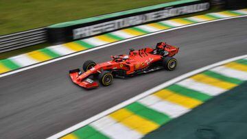 German F1 driver Sebastian Vettel powers his Ferrari at the Interlagos racetrack in Sao Paulo, Brazil, on November 15, 2019, during the first free practice for the Brazilian Formula One GP, to take place on November 17. (Photo by NELSON ALMEIDA / AFP)