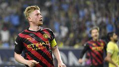 HOUSTON, TEXAS - JULY 20: Kevin De Bruyne of Manchester City celebrates after scoring their sides second goal during the Pre-Season friendly match between Manchester City and Club America at NRG Stadium on July 20, 2022 in Houston, Texas.   Logan Riely/Getty Images/AFP
== FOR NEWSPAPERS, INTERNET, TELCOS & TELEVISION USE ONLY ==