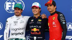 Sergio Pérez (Red Bull), Fernando Alonso (Aston Martin) y Carlos Sainz (Ferrari). Miami, Estados Unidos. F1 2023.