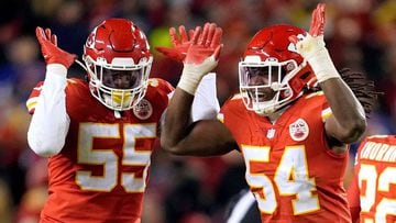 Jan 23, 2022; Kansas City, Missouri, USA; Kansas City Chiefs defensive end Frank Clark (55) and outside linebacker Nick Bolton (54) reacts against the Buffalo Bills during the first half in the AFC Divisional playoff football game at GEHA Field at Arrowhe