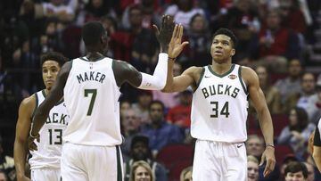 Dec 16, 2017; Houston, TX, USA; Milwaukee Bucks forward Giannis Antetokounmpo (34) celebrates with center Thon Maker (7) after a play during the first quarter against the Houston Rockets at Toyota Center. Mandatory Credit: Troy Taormina-USA TODAY Sports