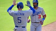 Aug 6, 2023; San Diego, California, USA; Los Angeles Dodgers second baseman Amed Rosario (31) is congratulated by first baseman Freddie Freeman (5) after hitting a two-run home run against San Diego Padres starting pitcher Rich Hill (left) during the first inning at Petco Park. Mandatory Credit: Orlando Ramirez-USA TODAY Sports