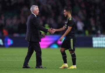 Real Madrid head coach Carlo Ancelotti (left) shakes hands with Eden Hazard after Tuesday's Champions League win over Celtic.