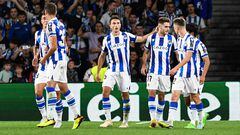 Real Sociedad's Spanish midfielder Roberto Navarro (3R) celebrates with teammates after scoring his team's third goal during the UEFA Europa League, first round, group E, football match between Real Sociedad and FC Sheriff at the Anoeta stadium in San Sebastian on October 13, 2022. (Photo by ANDER GILLENEA / AFP)