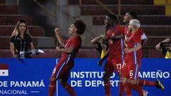 Panama's midfielder Adalberto Carrasquilla (L) celebrates after scoring his team's first goal during the CONCACAF Nations League football match between Panama and Guatemala, at the Rommel Fernandez Gutierrez stadium, in Panama City, on October 17, 2023. (Photo by Luis ACOSTA / AFP)