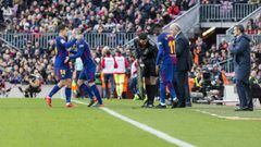 FC Barcelona midfielder Philippe Coutinho (14) changed by FC Barcelona midfielder Andres Iniesta (8) during the match between FC Barcelona against Getafe CF, for the round 23 of the Liga Santander, played at Camp Nou Stadium on 11th February 2018 in Barce