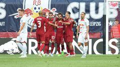 LEIPZIG, GERMANY - JULY 21: (SUN OUT,THE SUN ON SUNDAY OUT )  Mohamed Salah of Liverpool celebrates after scoring the first goal  during the pre-season friendly match between RB Leipzig and Liverpool FC at Red Bull Arena on July 21, 2022 in Leipzig, Germany. (Photo by John Powell/Liverpool FC via Getty Images)