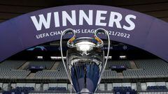 The UEFA Champions League Trophy is displayed ahead of the UEFA Champions League final match between Liverpool FC and Real Madrid at Stade de France on May 26, 2022 in Paris, France.