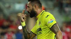 Villarreal's Spanish forward Jose Luis Morales celebrates scoring the opening goal during the UEFA Europa Conference League football match between Israel's Hapoel Beer-Sheva and Spain's Villarreal at the Turner stadium in the city of Beer Sheva on September 15, 2022. (Photo by JACK GUEZ / AFP)