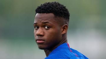 (FILES) In this file photo taken on September 13, 2019 BarcelonaxB4s Guinea-Bissau forward Ansu Fati arrives to take part in a training session at the Joan Gamper training ground in Sant Joan Despi, near Barcelona on September 13, 2019. - Ansu Fati has ma