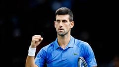 Serbian tennis player Novak Djokovic celebrates a point during his match against Maxime Cressy at the Masters 1,000 in Paris.