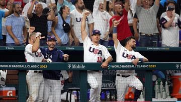 MIAMI, FLORIDA - MARCH 19: J.T. Realmuto #10 and Kyle Schwarber #12 celebrate after Trea Turner #8 of Team USA hit a three-run home run in the sixth inning against Team Cuba during the World Baseball Classic Semifinals at loanDepot park on March 19, 2023 in Miami, Florida.   Megan Briggs/Getty Images/AFP (Photo by Megan Briggs / GETTY IMAGES NORTH AMERICA / Getty Images via AFP)