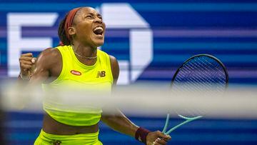 NEW YORK, USA:  September 7:   Coco Gauff of the United States celebrates her victory against Karolina Muchova of the Czech Republic in the Women's Singles Semi-Finals match on Arthur Ashe Stadium during the US Open Tennis Championship 2023 at the USTA National Tennis Centre on September 7th, 2023 in Flushing, Queens, New York City.  (Photo by Tim Clayton/Corbis via Getty Images)