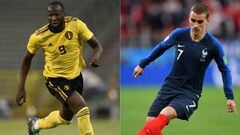 (COMBO) This combination of pictures created on July 8, 2018 shows Belgium&#039;s forward Romelu Lukaku (L) on June 11, 2018 and France&#039;s forward Antoine Griezmann, on June 21, 2018.  France and Belgium will face each other on July 10, 2018 in Saint Petersburg for the Russia 2018 World Cup semi-final football match.  / AFP PHOTO / JOHN THYS AND HECTOR RETAMAL / RESTRICTED TO EDITORIAL USE - NO MOBILE PUSH ALERTS/DOWNLOADS