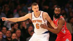 Nov 1, 2017; New York, NY, USA; New York Knicks power forward Kristaps Porzingis (6) fights for position against Houston Rockets point guard James Harden (13) during the first quarter at Madison Square Garden. Mandatory Credit: Brad Penner-USA TODAY Sports