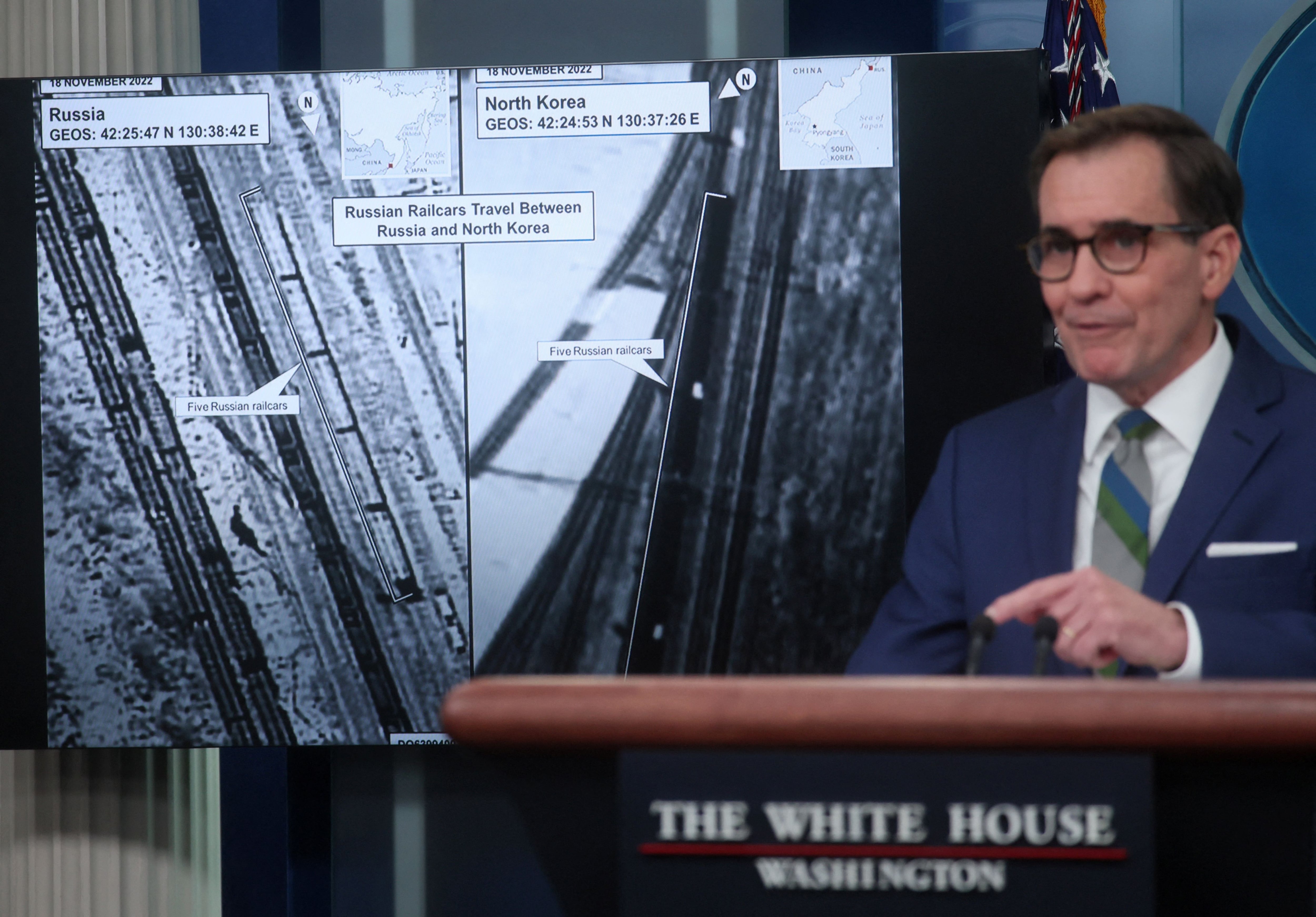 White House National Security Council Strategic Communications Coordinator John Kirby presents satellite images showing Russian railcars traveling between Russia and North Korea, during a press briefing at the White House in Washington, U.S., January 20, 2023. REUTERS/Leah Millis