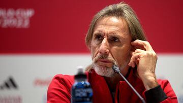 Peru's Argentine coach Ricardo Gareca speaks during a presser at the Ahmed bin Ali Stadium in the Qatari city of Ar-Rayyan on June 12, 2022, on the eve of their FIFA World Cup 2022 inter-confederation play-offs match between Australia and Peru. (Photo by AFP)