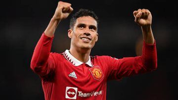 MANCHESTER, ENGLAND - AUGUST 22: Raphael Varane of Manchester United celebrates after victory in the Premier League match between Manchester United and Liverpool FC at Old Trafford on August 22, 2022 in Manchester, England. (Photo by Michael Regan/Getty Images)