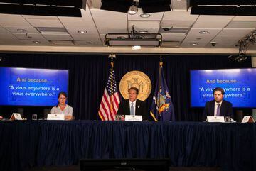New York Gov. Andrew Cuomo and team speak during the daily media briefing at the Office of the Governor of the State of New York on 23 July 2020.