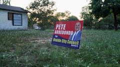 FILE PHOTO: A political sign for Pete Arredondo, the Uvalde School District police chief is seen in Uvalde, Texas, U.S. May 29, 2022. REUTERS/Veronica G. Cardenas REFILE - CORRECTING OCCUPATION/File Photo