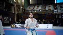 El karateka español Damián Quintero celebra su pase a la final de katas en los Campeonatos de Europa de Karate de Guadalajara.