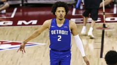 Detroit Pistons&#039; Cade Cunningham celebrates a 3-point shot against the Houston Rockets during the first half of an NBA summer league basketball game Tuesday, Aug. 10, 2021, in Las Vegas. (AP Photo/Chase Stevens)