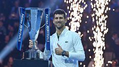 Turin (Italy), 20/11/2022.- Novak Djokovic of Serbia celebrates after winning against Casper Ruud of Norway the singles final of the Nitto ATP Finals 2022 tennis tournament at the Pala Alpitour arena in Turin, Italy, 20 November 2022. (Tenis, Italia, Noruega) EFE/EPA/ALESSANDRO DI MARCO ITALY OUT
