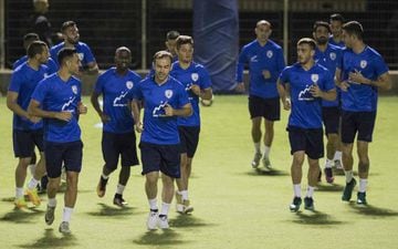 Israeli national football team's players take part in a training session at the Israeli football association training camp in Shefayim, north of Tel Aviv