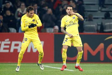 Brazilian boogie | Paris Saint-Germain’s Neymar celebrates scoring the team's second goal with Dani Alves.