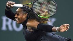 Mar 8, 2018; Indian Wells, CA, USA; Serena Williams (USA) during her first round match against Zarina Diyas (not pictured) at the BNP Paribas Open at the Indian Wells Tennis Garden. Mandatory Credit: Jayne Kamin-Oncea-USA TODAY Sports