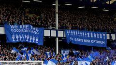 LIVERPOOL, ENGLAND - MAY 01:  Everton fans and flags during the Premier League match between Everton and Chelsea at Goodison Park on May 01, 2022 in Liverpool, England. (Photo by Tony McArdle/Everton FC via Getty Images)