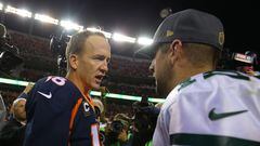 Peyton Manning (left) and Aaron Rodgers have racked up nine NFL MVP awards between them.