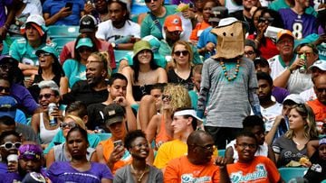 Sep 8, 2019; Miami Gardens, FL, USA; A Miami Dolphins fan wears a paper bag over his head while watching the game between the Miami Dolphins and the Baltimore Ravens during the first half at Hard Rock Stadium. Mandatory Credit: Jasen Vinlove-USA TODAY Spo