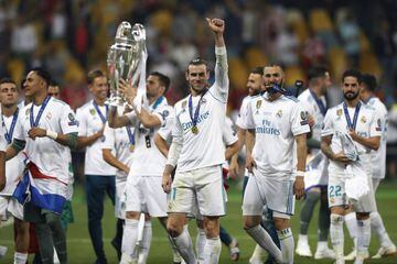 Gareth Bale of Real Madrid enjoying the UEFA Champions League victory with teammates.