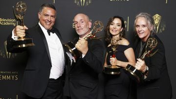 Mark Bracero, from left, Rob Eric, Jordana Hochman and Jennifer Lane, winners of the Emmy for outstanding structured reality program for &quot;Queer Eye&quot; pose for a portrait during the second ceremony of the Television Academy&#039;s 2021 Creative Ar
