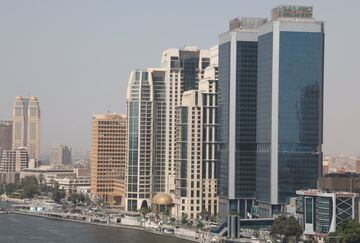 General view of hotels, banks and office buildings by the Nile River, Cairo.