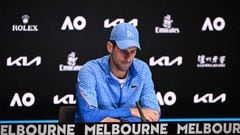 Serbia's Novak Djokovic gives a press conference after his victory against Tommy Paul of the US after their men's singles semi-final match on day twelve of the Australian Open tennis tournament in Melbourne on January 27, 2023. - -- IMAGE RESTRICTED TO EDITORIAL USE - STRICTLY NO COMMERCIAL USE -- (Photo by WILLIAM WEST / AFP) / -- IMAGE RESTRICTED TO EDITORIAL USE - STRICTLY NO COMMERCIAL USE -- (Photo by WILLIAM WEST/AFP via Getty Images)