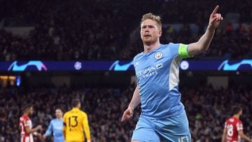 Soccer Football - Champions League - Quarter Final - First Leg - Manchester City v Atletico Madrid - Etihad Stadium, Manchester, Britain - April 5, 2022 Manchester City's Kevin De Bruyne celebrates scoring their first goal Action Images via Reuters/Lee Smith