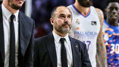 MADRID, SPAIN - JUNE 17: Chus Mateo coach of Real Madrid reactst during the Liga Endesa match between Real Madrid and FC Barcelona at Wizink Center on June 17, 2022 in Madrid, Spain. (Photo by Sonia Canada/Getty Images)