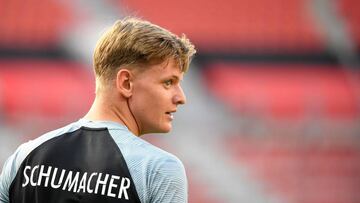 TOPSHOT - Mick Schumacher of Nowitzki All Stars looks on during the "Champions for Charity" friendly football match at Bay Arena on July 21, 2019 in Leverkusen, western Germany. (Photo by INA FASSBENDER / AFP)