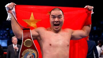 Boxing - Zhilei Zhang v Joe Joyce - WBO Interim World Heavyweight Title - Wembley Arena, London, Britain - September 23, 2023 Zhilei Zhang celebrates winning his fight against Joe Joyce Action Images via Reuters/Andrew Couldridge