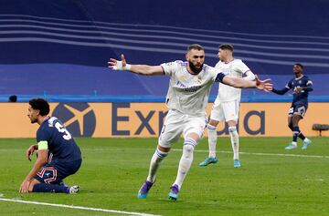 French striker Karim Benzema celebrates one of three goals for Real Madrid against PSG. 