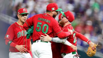 MIAMI, FLORIDA - MARCH 17: Manny Barreda #50 of Team Mexico celebrates with teammates after defeating Team Puerto Rico in the World Baseball Classic Quarterfinals game at loanDepot park on March 17, 2023 in Miami, Florida. Megan Briggs/Getty Images/AFP (Photo by Megan Briggs / GETTY IMAGES NORTH AMERICA / Getty Images via AFP)